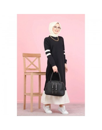 Robe longue moderne bi-couleur pour femme musulmane (Robes Mastour Hidjab pas cher) - Couleur Noir et blanc 