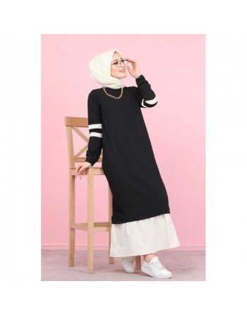 Robe longue moderne bi-couleur pour femme musulmane (Robes Mastour Hidjab pas cher) - Couleur Noir et blanc 