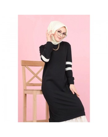 Robe longue moderne bi-couleur pour femme musulmane (Robes Mastour Hidjab pas cher) - Couleur Noir et blanc 