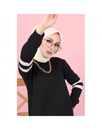 Robe longue moderne bi-couleur pour femme musulmane (Robes Mastour Hidjab pas cher) - Couleur Noir et blanc 