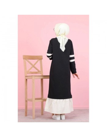 Robe longue moderne bi-couleur pour femme musulmane (Robes Mastour Hidjab pas cher) - Couleur Noir et blanc 
