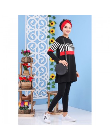 Tunique noire et rouge à rayures pour femme (Tenue de sport style turque vente en ligne) 