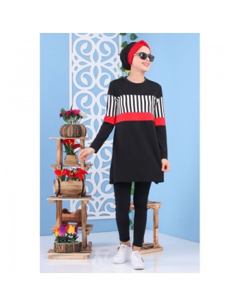 Tunique noire et rouge à rayures pour femme (Tenue de sport style turque vente en ligne) 