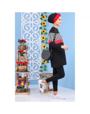 Tunique noire et rouge à rayures pour femme (Tenue de sport style turque vente en ligne) 