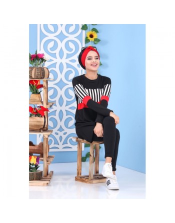 Tunique noire et rouge à rayures pour femme (Tenue de sport style turque vente en ligne) 