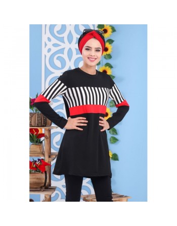 Tunique noire et rouge à rayures pour femme (Tenue de sport style turque vente en ligne) 