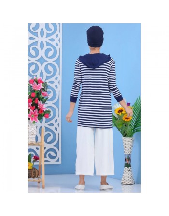 Tunique décontractée à capuche pour femme - Couleur blanche à rayures bleues marines 