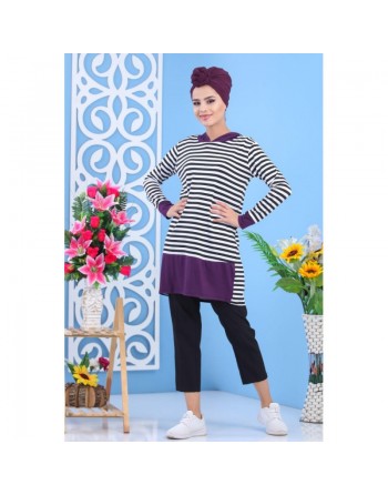 Tunique décontractée à capuche pour femme - Couleur blanche et violette à rayures noires 