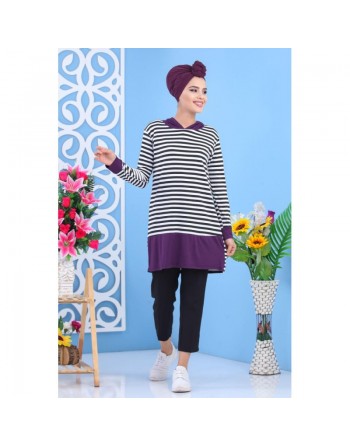 Tunique décontractée à capuche pour femme - Couleur blanche et violette à rayures noires 