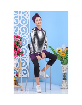 Tunique décontractée à capuche pour femme - Couleur blanche et violette à rayures noires 