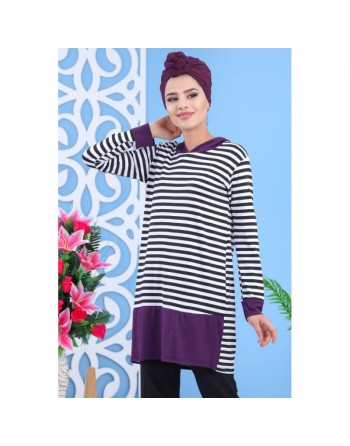 Tunique décontractée à capuche pour femme - Couleur blanche et violette à rayures noires 