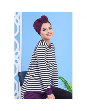 Tunique décontractée à capuche pour femme - Couleur blanche et violette à rayures noires 