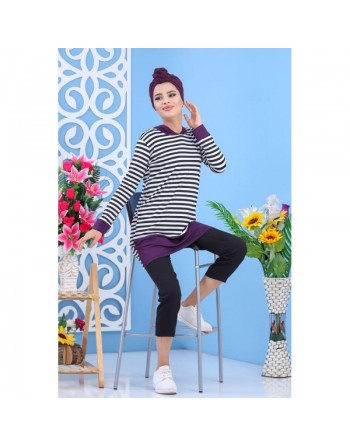 Tunique décontractée à capuche pour femme - Couleur blanche et violette à rayures noires 