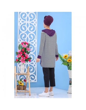 Tunique décontractée à capuche pour femme - Couleur blanche et violette à rayures noires 