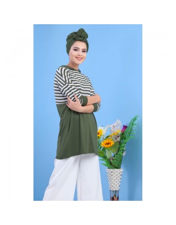 Tunique rayée à capuche de type sportswear pour femme - Couleur vert kaki 