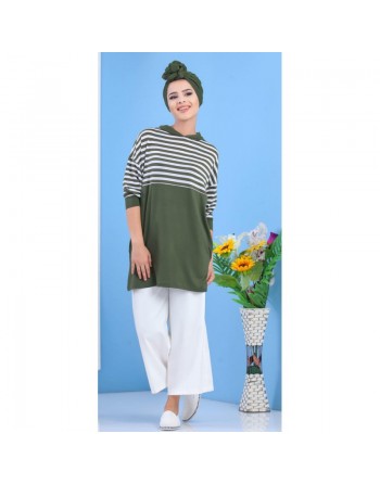 Tunique rayée à capuche de type sportswear pour femme - Couleur vert kaki 