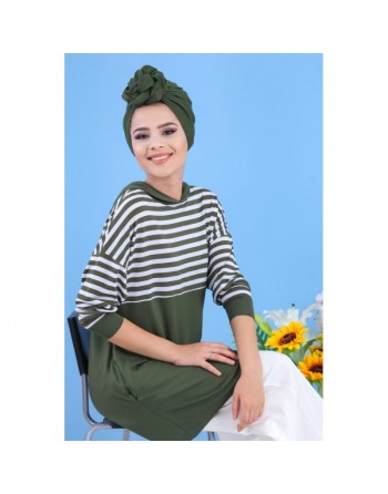 Tunique rayée à capuche de type sportswear pour femme - Couleur vert kaki 