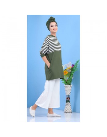 Tunique rayée à capuche de type sportswear pour femme - Couleur vert kaki 