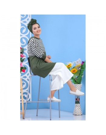 Tunique rayée à capuche de type sportswear pour femme - Couleur vert kaki 