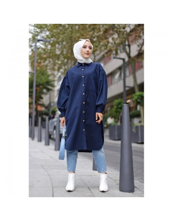 Chemise longue et ample pour femme (Tenue hijab tendance et mastour) - Couleur bleu marine 