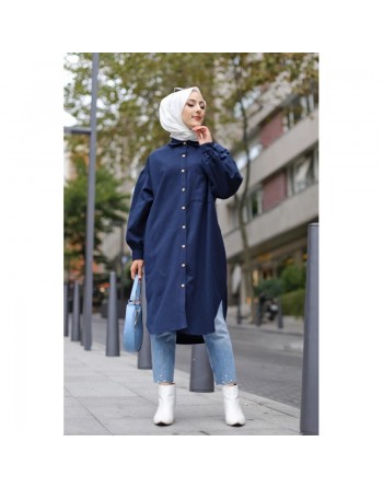 Chemise longue et ample pour femme (Tenue hijab tendance et mastour) - Couleur bleu marine 