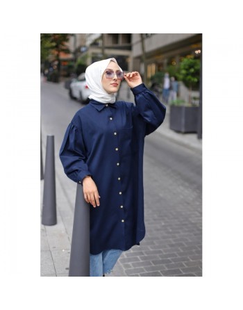 Chemise longue et ample pour femme (Tenue hijab tendance et mastour) - Couleur bleu marine 