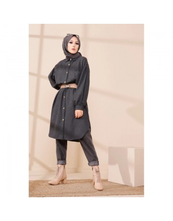 Chemise longue et ample pour femme (Tenue hijab chic et mastour) - Couleur anthracite (gris foncé) 