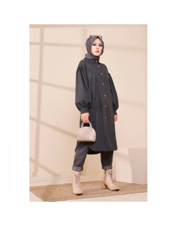 Chemise longue et ample pour femme (Tenue hijab chic et mastour) - Couleur anthracite (gris foncé) 