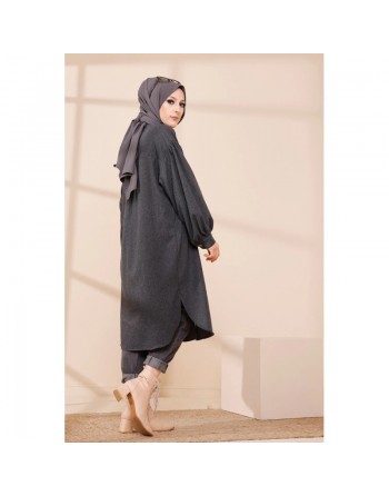Chemise longue et ample pour femme (Tenue hijab chic et mastour) - Couleur anthracite (gris foncé) 