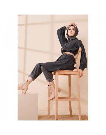 Chemise longue et ample pour femme (Tenue hijab chic et mastour) - Couleur anthracite (gris foncé) 