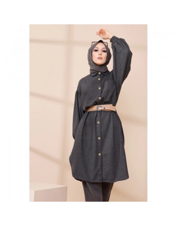 Chemise longue et ample pour femme (Tenue hijab chic et mastour) - Couleur anthracite (gris foncé) 