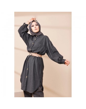 Chemise longue et ample pour femme (Tenue hijab chic et mastour) - Couleur anthracite (gris foncé) 
