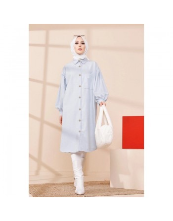 Chemise longue et ample pour femme (Vetement hijab chic et mastour) - Couleur bleu clair 