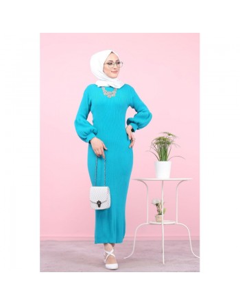 Robe longue tricotée pour femme (Modest Fashion - Automne Hiver) - Couleur vert emeraude 