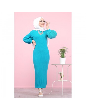 Robe longue tricotée pour femme (Modest Fashion - Automne Hiver) - Couleur vert emeraude 