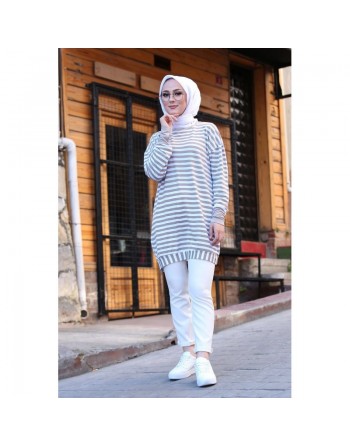Pull - Tunique longue à rayures (Vêtement moderne femme voilée) - Couleur beige et blanc 