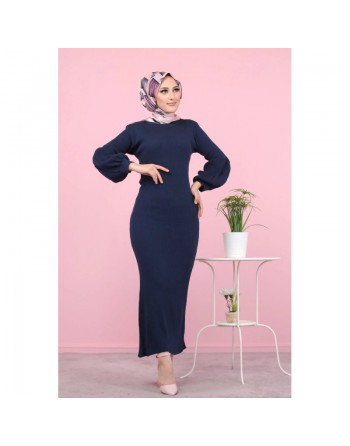 Robe longue tricotée pour femme (Modest Fashion - Automne Hiver) - Couleur bleue marine 
