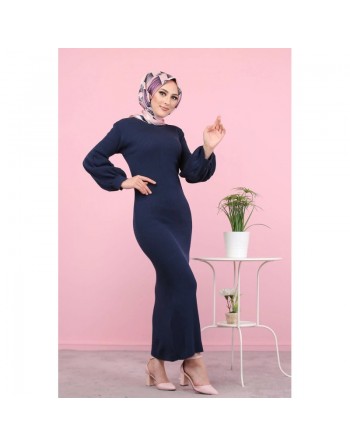 Robe longue tricotée pour femme (Modest Fashion - Automne Hiver) - Couleur bleue marine 