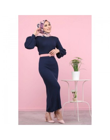 Robe longue tricotée pour femme (Modest Fashion - Automne Hiver) - Couleur bleue marine 