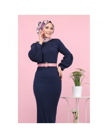 Robe longue tricotée pour femme (Modest Fashion - Automne Hiver) - Couleur bleue marine 