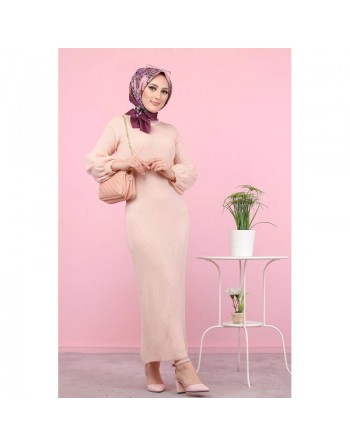 Robe longue tricotée pour femme (Mode Musulmane - Automne Hiver) - Couleur rose poudré 