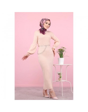 Robe longue tricotée pour femme (Mode Musulmane - Automne Hiver) - Couleur rose poudré 