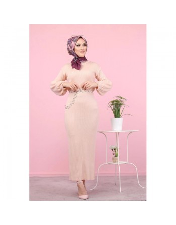 Robe longue tricotée pour femme (Mode Musulmane - Automne Hiver) - Couleur rose poudré 