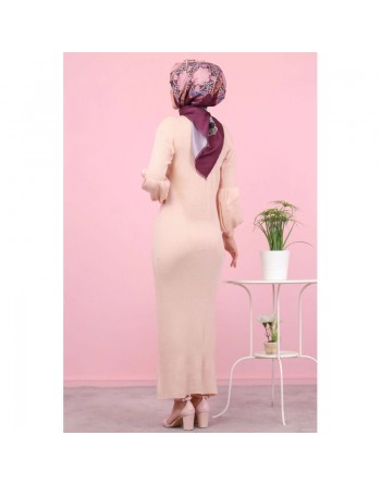 Robe longue tricotée pour femme (Mode Musulmane - Automne Hiver) - Couleur rose poudré 