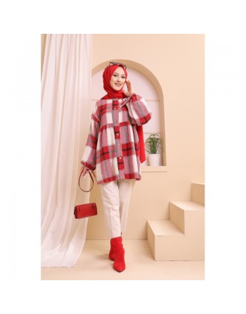 Surchemise ample pour hiver à grands carreaux pour femme (tissu épais) - Couleur rouge 