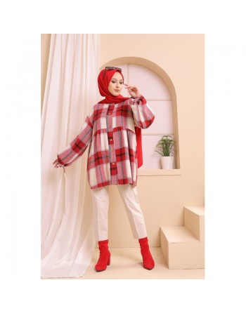 Surchemise ample pour hiver à grands carreaux pour femme (tissu épais) - Couleur rouge 