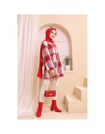 Surchemise ample pour hiver à grands carreaux pour femme (tissu épais) - Couleur rouge 
