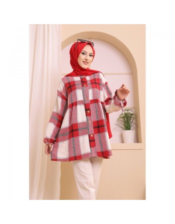 Surchemise ample pour hiver à grands carreaux pour femme (tissu épais) - Couleur rouge 