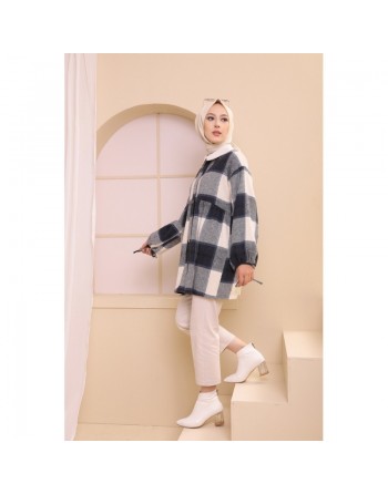 Surchemise ample pour hiver à grands carreaux pour femme (tissu épais) - Couleur bleu marine 
