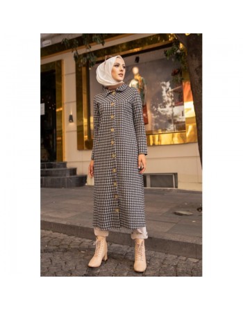 Tunique longue boutonnée à carreaux pour femme (Vetement Hijab Automne-Hiver) - Couleur gris 